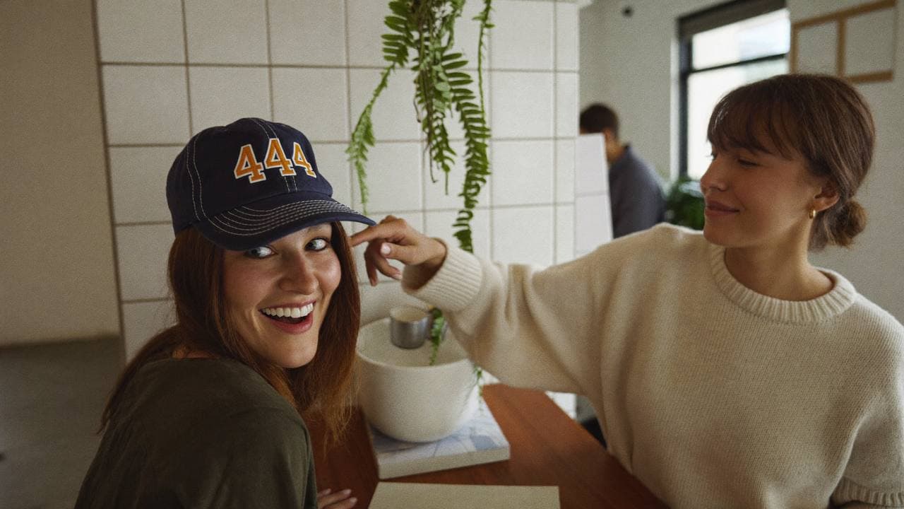 Two strangers in a coffee shop, one complimenting the other's hat