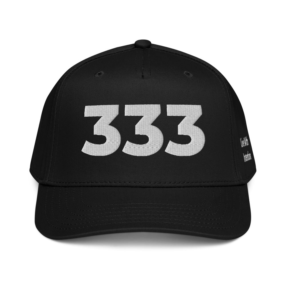 Angel Number 333 5 Panel Cap, Black, front