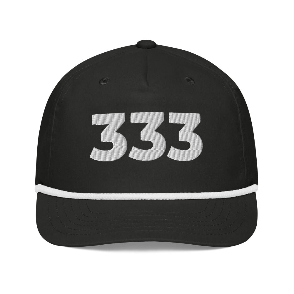 Angel Number 333 Golf Rope Cap, Black/White, front
