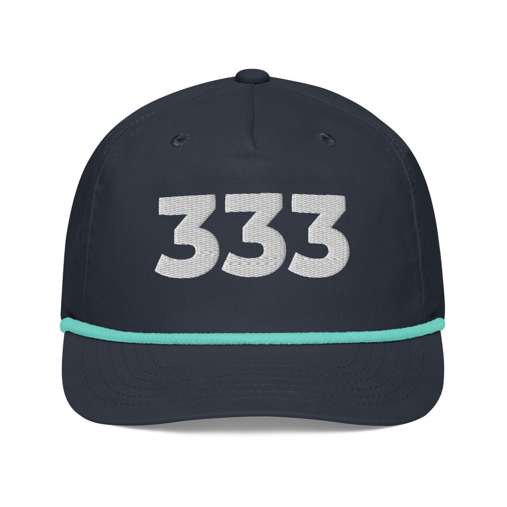 Angel Number 333 Golf Rope Cap, Navy/Mint, front