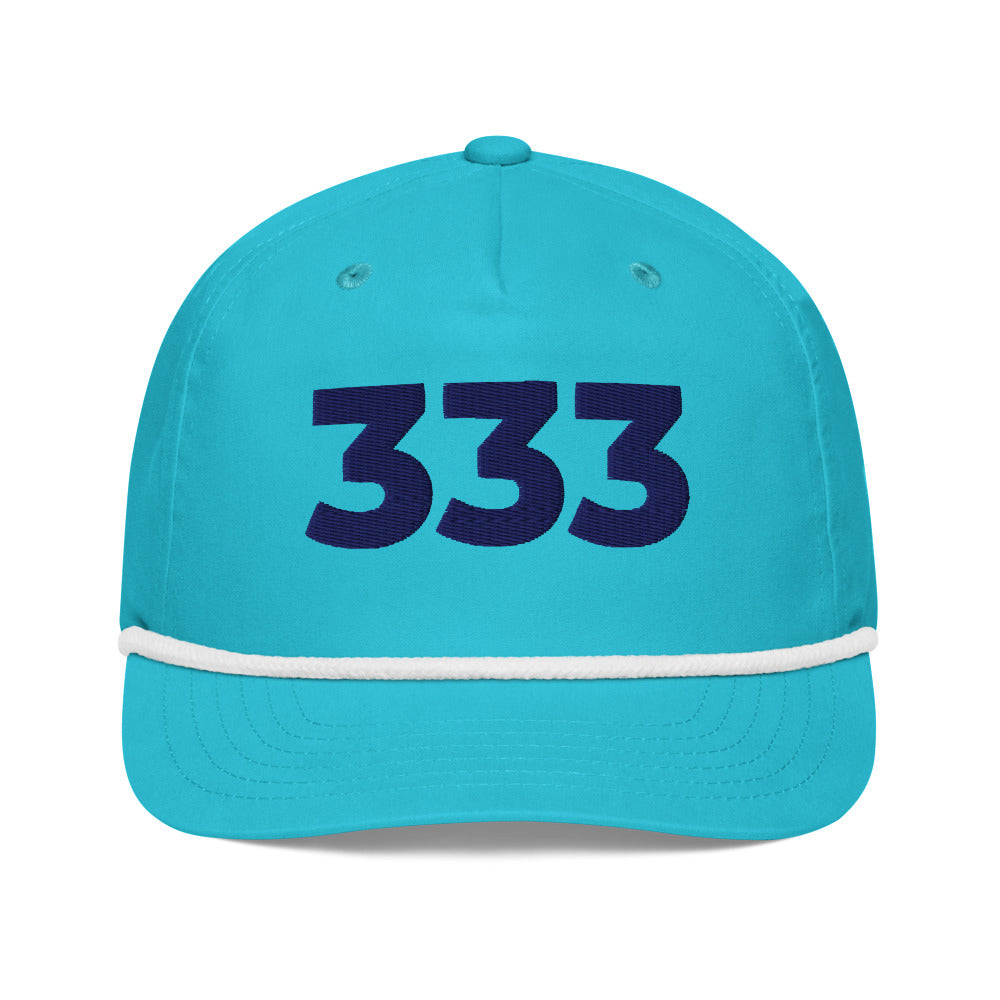 Angel Number 333 Golf Rope Cap, Turquoise/White, front