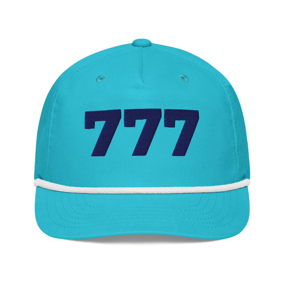 Angel Number 777 Golf Rope Cap, Turquoise/White, front