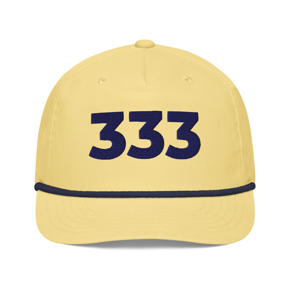 Angel Number 333 Golf Rope Cap, Yellow/Navy, front